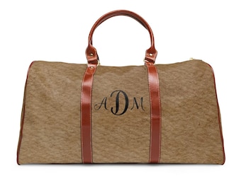 Elegante bolsa de viaje personalizada, bolsa de lona de nailon impermeable personalizada, equipaje de mano duradero con asas de cuero, equipo de aventura de fin de semana, monograma.