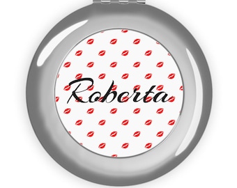 Espejo compacto personalizado, regalo para dama de honor, espejo de maquillaje de viaje personalizado, acabado metálico brillante, regalo para ella, protector labial rojo, accesorio de viaje