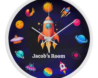 Space Theme Clock, Children's Room Decor, 10” Wooden Clock, Personalized clock, Children's Clock Frame 10" Clock, Gift for Nursery Room