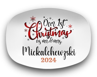 Nuestra primera Navidad como señor y señora Bandeja de servicio personalizada, bandeja de servicio navideña, decoración navideña, regalo de inauguración de la casa, regalo de agente inmobiliario