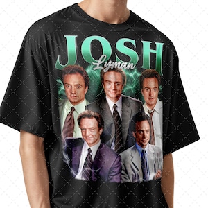May include: Black t-shirt featuring a collage of images of a man in a suit, with the name "JOSH Lyman" in large, green, stylized text above the images. The design has a vintage, retro aesthetic.