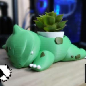 May include: A green 3D printed planter shaped like a sleeping Pokemon character with a small succulent plant growing in the planter.