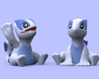 May include: Two blue and white cartoon figurines of a lizard-like creature. The figurine on the left is waving its right arm. The figurine on the right is sitting with its legs crossed.