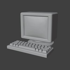 May include: A gray computer with a monitor and keyboard. The monitor is a CRT style with a flat screen. The keyboard has a standard layout.