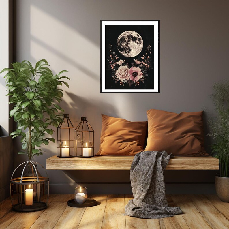 Full Moon Wall Art | Mystical Wall Art | Edgy Wall Art | Dark Floral ...