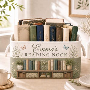 Può includere: Un contenitore rettangolare in tessuto con manici in corda, caratterizzato dalla scritta Emma's READING NOOK, illustrazioni di farfalle e una grafica stampata di una libreria con piante e libri, riempito con diversi libri rilegati.
