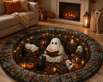 Runder, gesteppter Halloween-Teppich, niedliche Geister-Fußmatte für die Bibliothek, gotische Leseecke, gruseliger Herbstteppich, gemütliches Cottagecore-Zimmeraccessoire