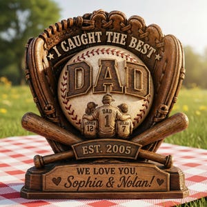 Op de afbeelding: Een houten honkbalthema cadeau voor Vaderdag. Het ontwerp toont een honkbal, handschoen en knuppels, met de tekst "I CAUGHT THE BEST DAD". Het bevat de namen Sophia en Nolan, en de tekst "EST. 2005" en "WE LOVE YOU, Sophia & Nolan!"