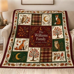 Edredón personalizado con diseño de zorro y búho del bosque, juego de ropa de cama de otoño con nombre familiar personalizado, manta rústica para cabaña, acogedora decoración de otoño estilo cottagecore para el hogar