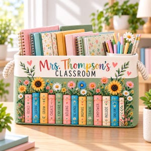 May include: A rectangular fabric storage bin with rope handles, featuring the text "Mrs. Thompson's CLASSROOM" and a floral design. The bin is filled with colorful notebooks and pens, and the front displays a row of book spines labeled with words like "READ," "LEARN," and "GROW."