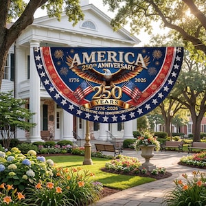 May include: A patriotic banner celebrating America's 250th anniversary. The design features a majestic eagle, American flags, and the text "AMERICA 250th ANNIVERSARY 1776-2026". The banner is in shades of blue, red, and white.