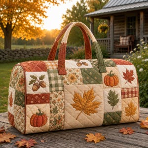 Patchwork-Wochenendtasche mit Herbstmotiv, Reisetasche mit Kürbis- und Blättermuster, Vintage-Geschenkidee für Thanksgiving
