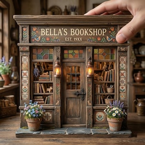 May include: A miniature wooden bookshop with the text "BELLA'S BOOKSHOP" and "EST. 19XX". The shop features a detailed facade with shelves of books, stained glass windows, and hanging lanterns. Two potted plants with flowers sit in front of the shop.