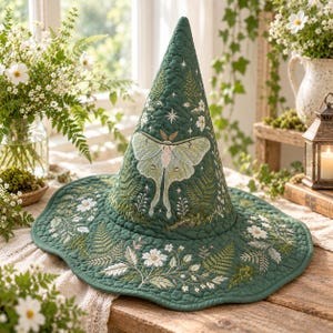 May include: A dark green quilted witch hat featuring intricate embroidery of a large pale green moth, white flowers, and fern fronds. The pointed hat has a wide, wavy brim and is decorated with small white star motifs scattered across the fabric.