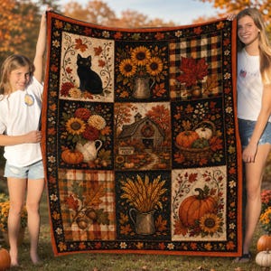 Pode incluir: Uma colcha retangular com uma grade de nove painéis com tema de outono. As ilustrações incluem um gato preto, girassóis em um jarro, um celeiro com uma placa de pumpkin patch, uma cesta de abóboras, trigo em um jarro e padrões xadrez.