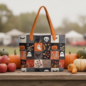 Vintage Halloween Patchwork-Stepptasche, gemütliche Herbst-Kürbis-Geist-Schultertasche, süße Herbst-Stepp-Baumwolltasche im Cottagecore-Stil, Halloween-Geschenk