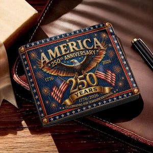 Op de afbeelding: Een blauwe portemonnee met de tekst "AMERICA 250th ANNIVERSARY" en "250 YEARS" wordt weergegeven. De portemonnee toont een adelaar, Amerikaanse vlaggen en de jaren 1776-2026, ter viering van het semi-quincentennium.