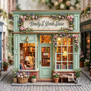 Peut inclure: Une librairie miniature avec une façade vert menthe, ornée de guirlandes florales et l'inscription "Emily's Book Store EST 1980." L'intérieur de la boutique est visible, rempli de livres et d'un coin lecture. Des paniers de fleurs et des plantes en pot décorent l'extérieur.