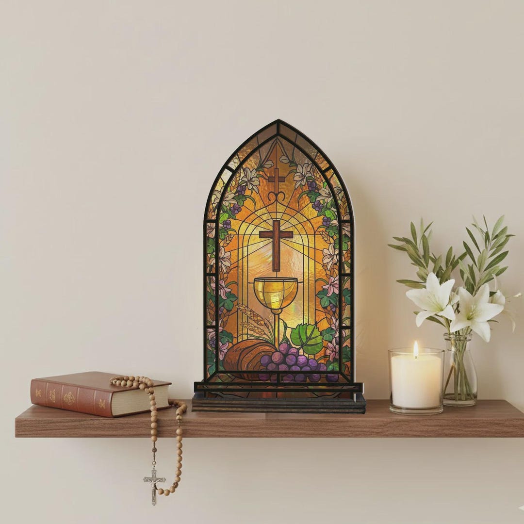 Christian Candle Holder Stained Glass Cross Decor Gift for Prayer Room ...