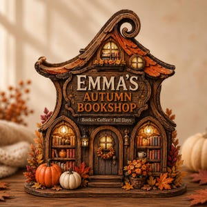 以下が含まれることがあります： Emma's Autumn Bookshopというタイトルの装飾的なミニチュアの建物。Books, Coffee, Fall Daysの文字が刻まれています。暗い木目調の質感、照明付きの本棚があるアーチ型の窓、リースが飾られた中央のドア、そして秋の紅葉が特徴です。