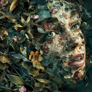 May include: A woman's face is covered in leaves and flowers, creating a surreal and ethereal image. The colors are muted and earthy, with shades of green, brown, and pink.