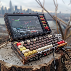 Könnte beinhalten: Eine vintage-artige elektronische Tastatur in Schwarz und Rot mit einem Bildschirm, der eine Wellenform anzeigt. Die Tastatur hat einen abgenutzten, abgewetzten Look und verfügt über eine Vielzahl von Knöpfen und Drehknöpfen.