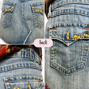 Y2K True Religion Denim Mini Skirt • Beaded Pockets • Raw Hem • Size 28 image 11