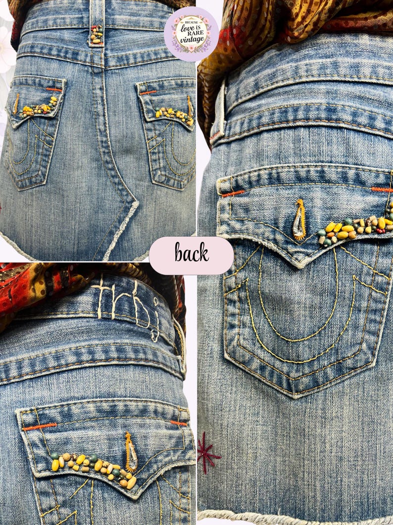 Y2K True Religion Denim Mini Skirt • Beaded Pockets • Raw Hem • Size 28 image 11