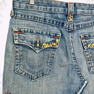 Y2K True Religion Denim Mini Skirt • Beaded Pockets • Raw Hem • Size 28 image 7