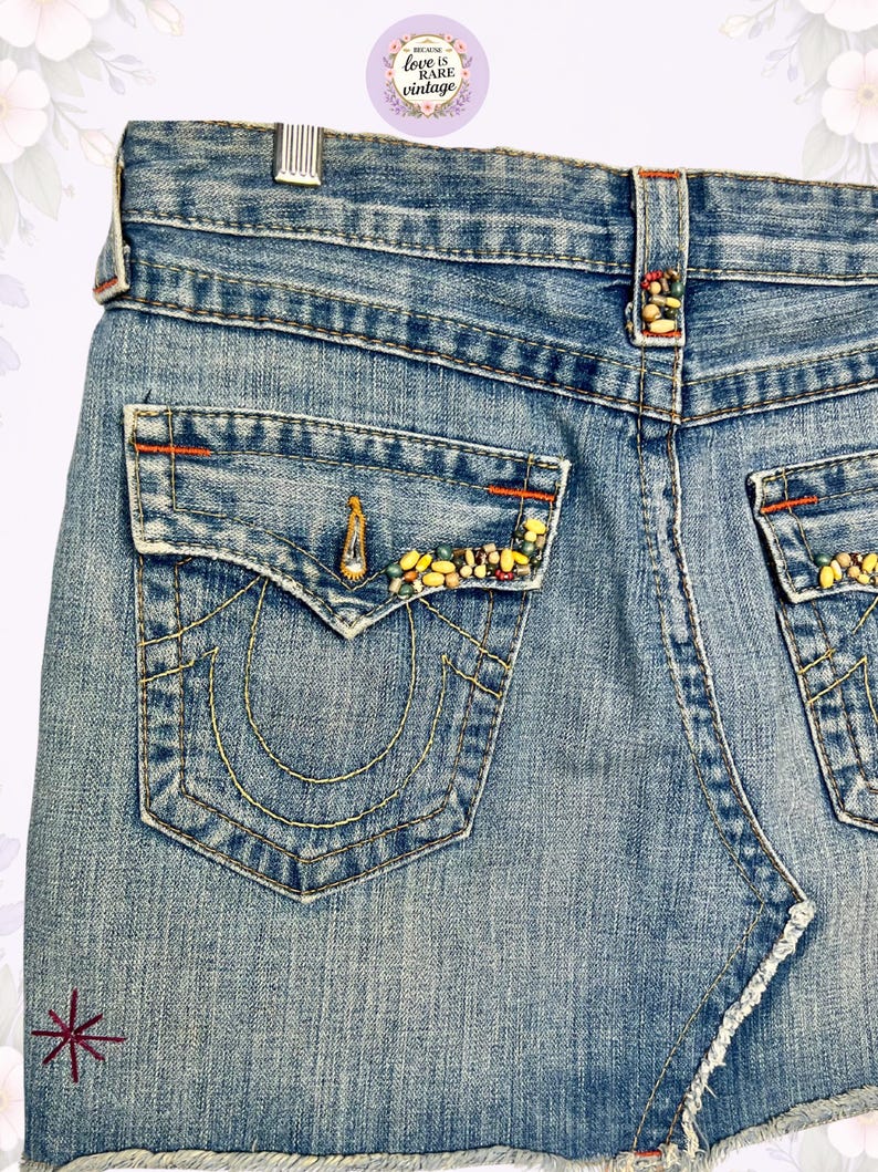 Y2K True Religion Denim Mini Skirt • Beaded Pockets • Raw Hem • Size 28 image 7