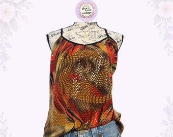 Y2K Sequin Mesh Camisole • Abstract Flame Print Tank • Libra made in Canada • XL