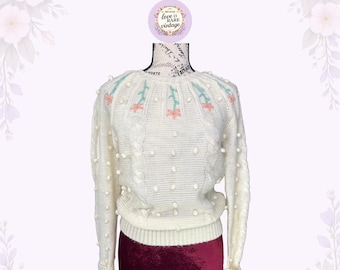 Vintage 1970s Star Ferry Betsey Johnson Michael Milea Floral Pom Pom Sweater