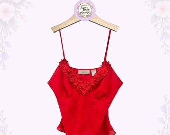 Y2K Delicates Red Chiffon Camisole Top • Vintage Sheer Ruffled Lace Trim Tank