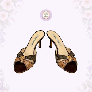 May include: A pair of Manolo Blahnik open-toe mules featuring a brown and tan snakeskin-textured pattern on the straps, a central gold-tone circular accent, and a slim heel. The interior footbed is light beige with the brand name printed in black.