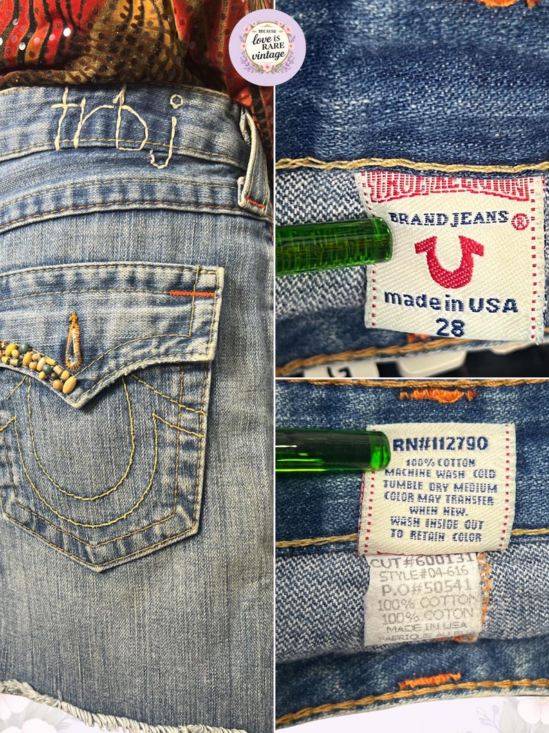 May include: Close-up of a light blue denim skirt with embroidered details and a frayed hem. The back pocket features decorative beading. The label reads "BRAND JEANS" and "made in USA 28".
