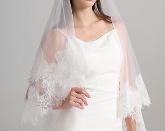 Flower Lace Cathedral Wedding Veil - Classic Ivory Bridal Veil,Elegant Floral Lace Trim Veil,2 Tier Mantilla Veil,Double Tier Blusher Veil