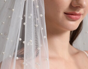 Ivory Pearl Bridal Veil, Beaded Fingertip Tulle Wedding Veil with Beaded Edge, White Elegant Accessory for Brides, Cathedral to Short