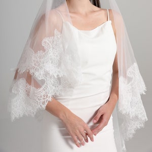 Cathedral Lace Wedding Veil, Soft Ivory Bridal Veil, Elegant Lace trim veil, 2 Tires Fingertip Wedding Veil, Unique Custom Long Wedding Veil