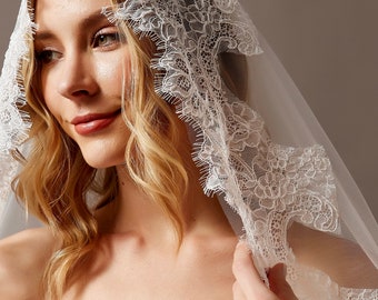 Ivory Alencon Lace Mantilla Bridal Veil, Romantic Cascading Wedding Veil, Single Tier Cathedral Length with Lace Edge