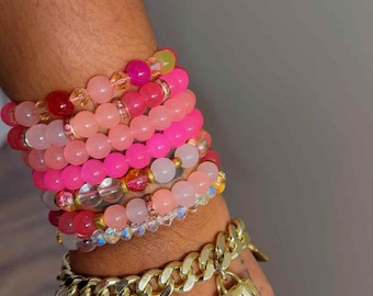 Pulsera celestial rosa apilada, 8 piezas de pulseras de cuentas con dijes de luna y estrella, joyería bohemia de Fairycore