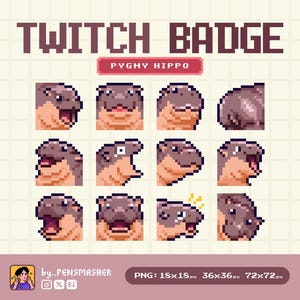 Puede incluir: Un conjunto de 9 insignias de Twitch de arte de píxeles que presentan un hipopótamo pigmeo con varias expresiones. Las insignias son en tonos de marrón, rosa y blanco. El texto "PYGMY HIPPO" se muestra encima de las insignias. El texto "PNG: 18x18px 36x36px 72x72px" se muestra debajo de las insignias.