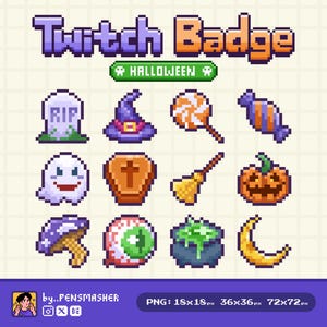 Pixel Halloween Themed Twitch Badges, Unique Pixel Art Emotes for Streamers Vol.1