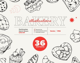 Bakery Illustrations 36 SVG & PNG Clipart Designs, Hand-Drawn Illustrations, Black and White Doodles, Perfect for Digital and Printable Use.