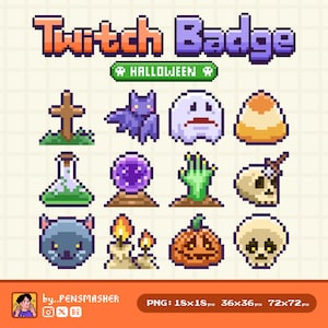Pixel Halloween Themed Twitch Badges, Unique Pixel Art Emotes for Streamers Vol.2