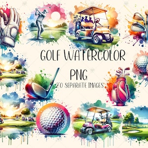 May include: Watercolor illustrations of golf-themed items, including a golf cart, golf clubs, a golf bag, a golf ball, and a golfer. The illustrations are set against a colorful background with splashes of paint.