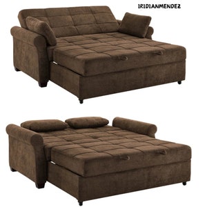 Versatile sleeper sofa with cushions, tufted back, and rolling arms, measuring 72.6"