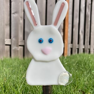Fused Glass Rabbit Plant Stake – Handmade Yard Art - Easter Decor