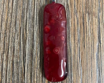 Red Fused Glass Pendant – Handmade Vertical Bar Necklace – 2" x 0.5" – Glossy Speckled Jewelry Gift