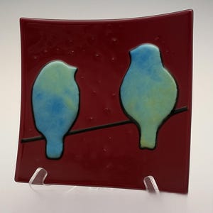 Bluebird Silhouette Red Glass Plate - Two Blue Birds - Fused Glass Art