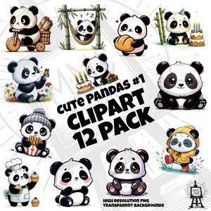 Cute Cartoon Panda Clipart Collection 12 Pack / 300 DPI Alta calidad, Archivos PNG de fondo transparente de alta resolución / Descarga digital